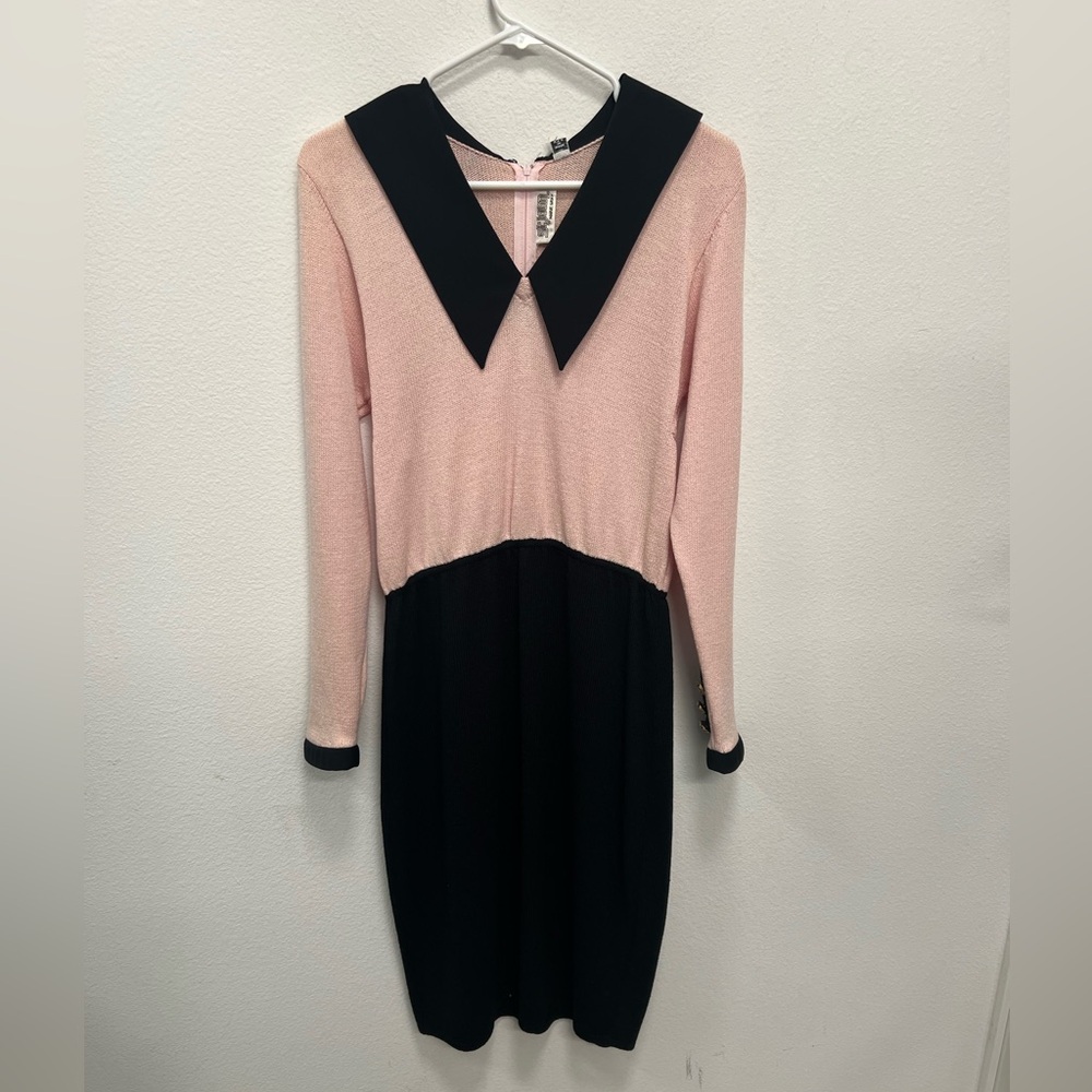 Vintage St. John Knit Colorblock Dress Pink Black Sailor Collar Size 10 USA Made